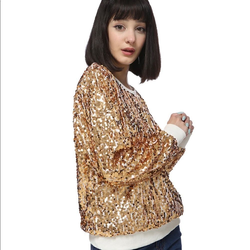 Anna -Kaci California gold Sequin long sleeved ribbed Sweatshirt Sz medium
